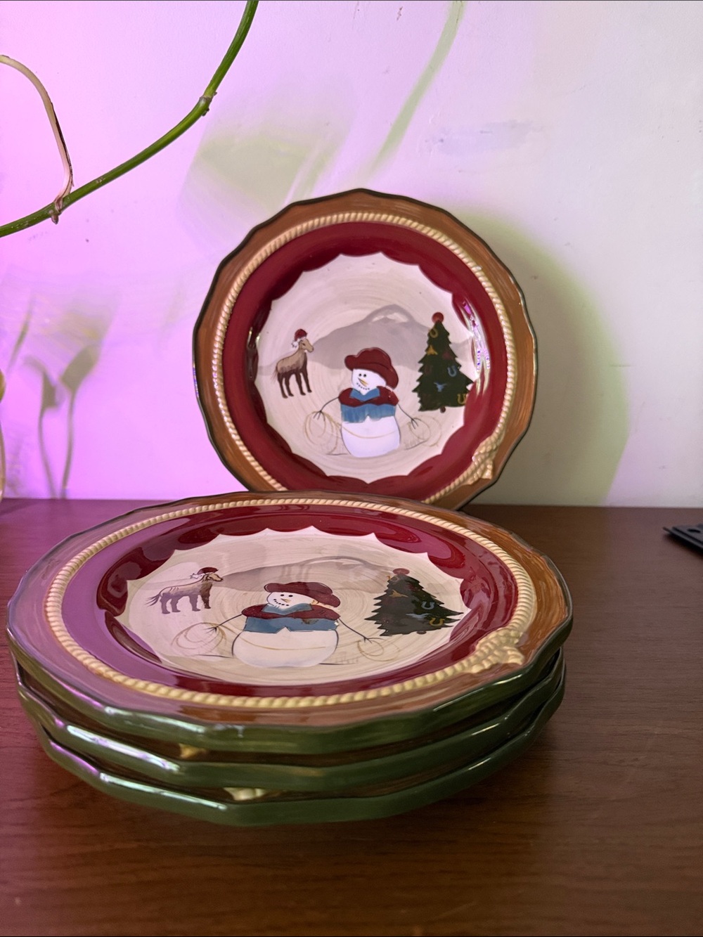 St. Nicholas Square Happy Trails Holiday Cowboy Snowman Salad Plates.